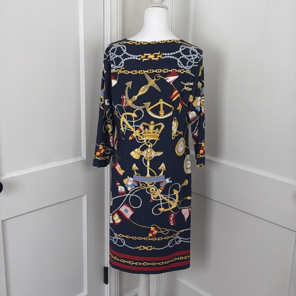 Talbots Dress Womens LP Navy Nautical Print Shift 3/4 Sleeve Stretch Petite - Picture 2 of 10